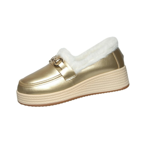 Gold Ladies Metallic Fashionable Loafers With Fleece Lining For Fall And Winter Warm And Comfortable