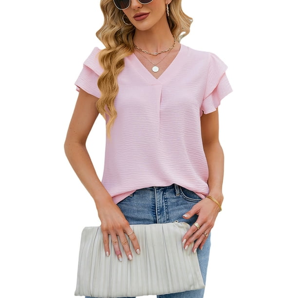MAWCLOS Women Shirts Short Sleeve Tops V Neck Blouse Soft Holiday Solid  Color Tunic Shirt Light Pink S 