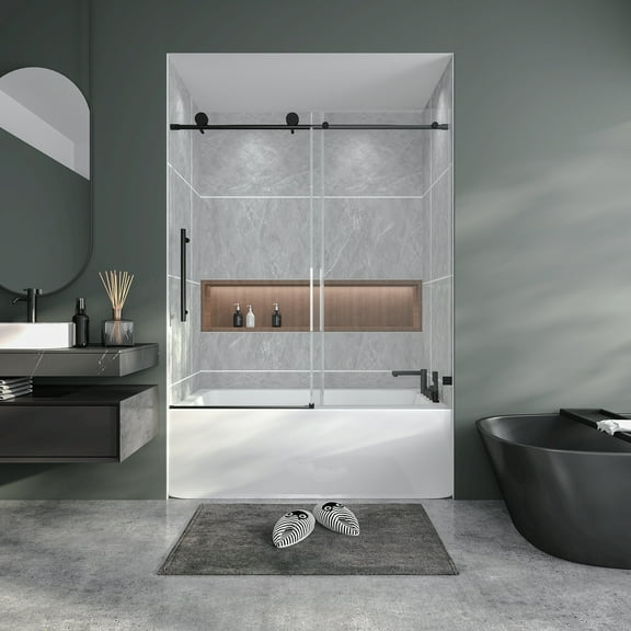 56"-60" W X 60" H Frameless Sliding Shower Door, Bathroom Shower Glass Door, 1/4" (6mm) Thick SGCC Tempered Glass Door, Stainless Steel Hardware, Adjustable Bumper, Matte Black