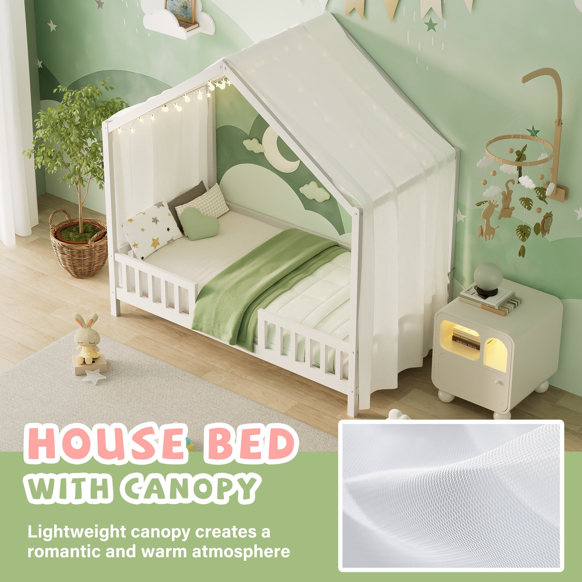 Noble House Twin Floor Bed with Canopy and Guardrails, Wood House Bed Frame for Kids, White