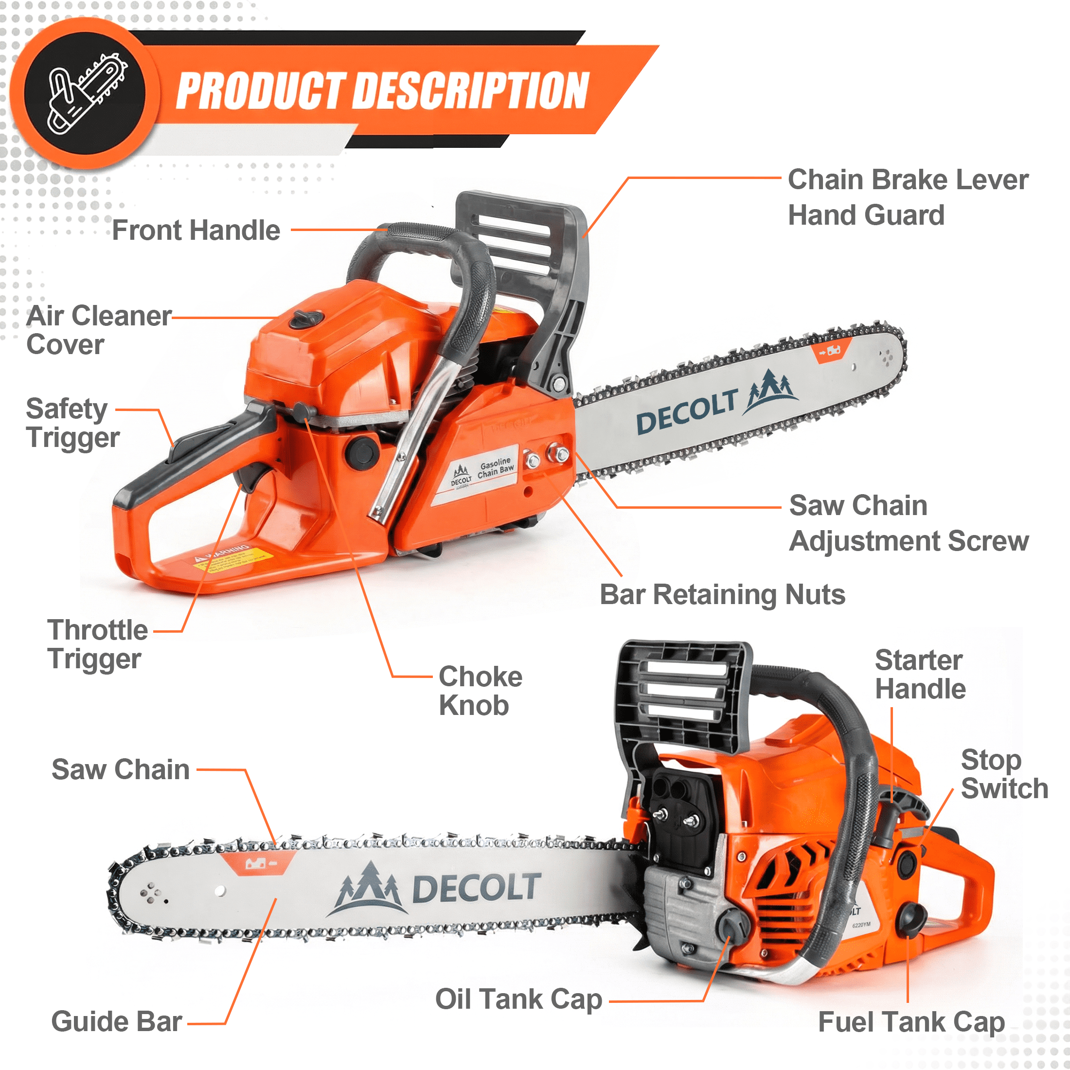 62CC Gas Chainsaw 20” Powerful 2-Stroke Gasoline Chainsaw for Cutting Wood and Pruning Trees 6220YM