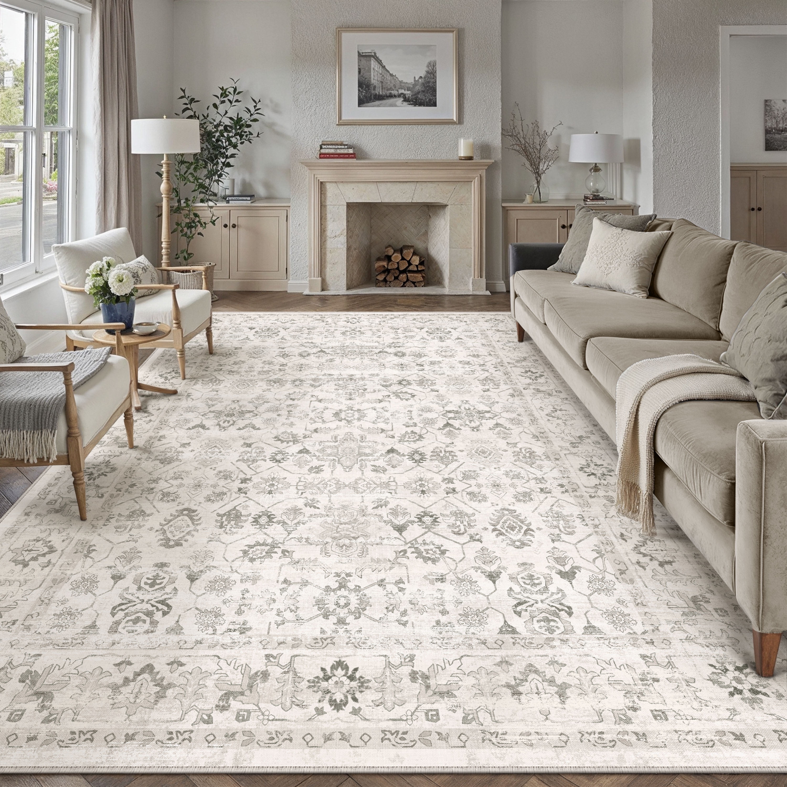 BERTHMEER 9'x12' Area Rugs for Living Room Rugs for Bedroom Gray Vintage Non Slip Washable Large Farmhouse Office Dining Room Oriental Traditional Distressed Carpets