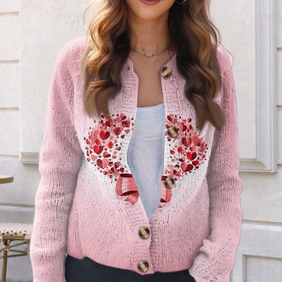 Women's Cardigan Valentine's Day Cute Love Heart Graphic Knit Lightweight Crewneck Button Sweater Valentines Day Sweater