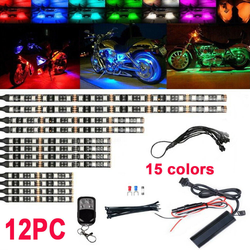 12x Motorcycle ATV RGB LED Neon Under Glow Lights Strip APP Atmosphere Lamp Kit 