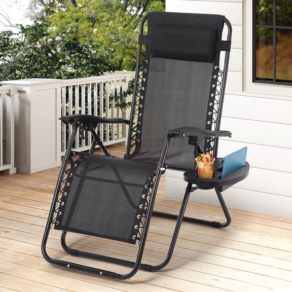 Zero Gravity Chair Folding Lounge Chair Lawn Chairs Outdoor Portable Reclining Chairs with Head Pillow & Side Table Cup Holder for Patio, Poolside,Beach, 250lbs Capacity （Black）