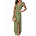 thumbnail image 2 of Women'S Deep V Neck Solid Color Pleated High Waist Slit Club Party Evening Long Maxi Dress Yellow-Green M, 2 of 7