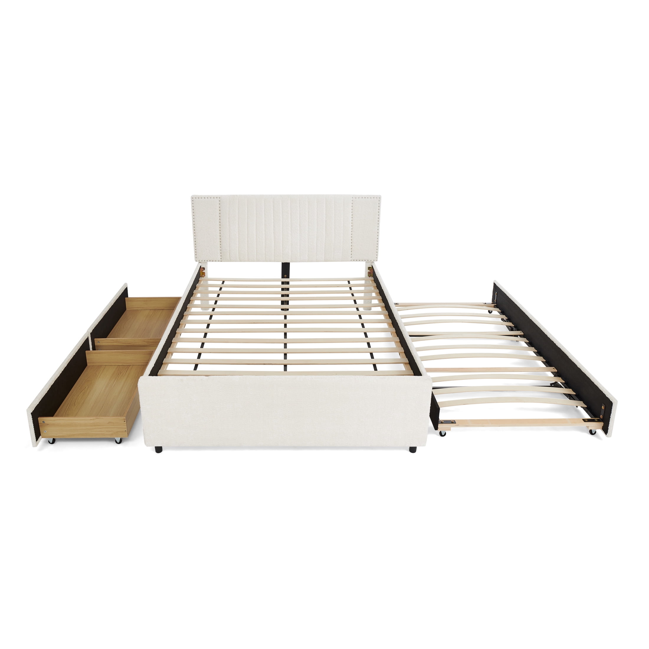 Noble House Luxen Queen Chenille Upholstered Bed, Vertical Tufted Daybed with Pull-out Trundle and Storage Drawers, Beige