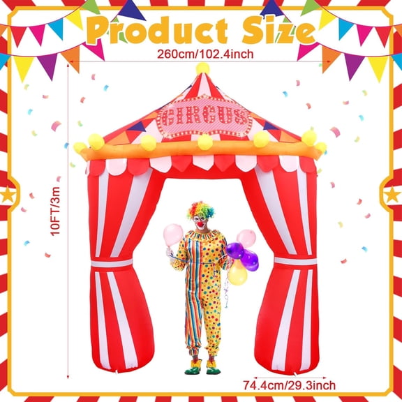 10ft Circus Party Decorations Inflatable Arch Blow up Tent Built in LED Lights Red and White Striped Archway for Circus Carnival Theme Birthday Party Decoration Outdoor Yard Garden Halloween Decor