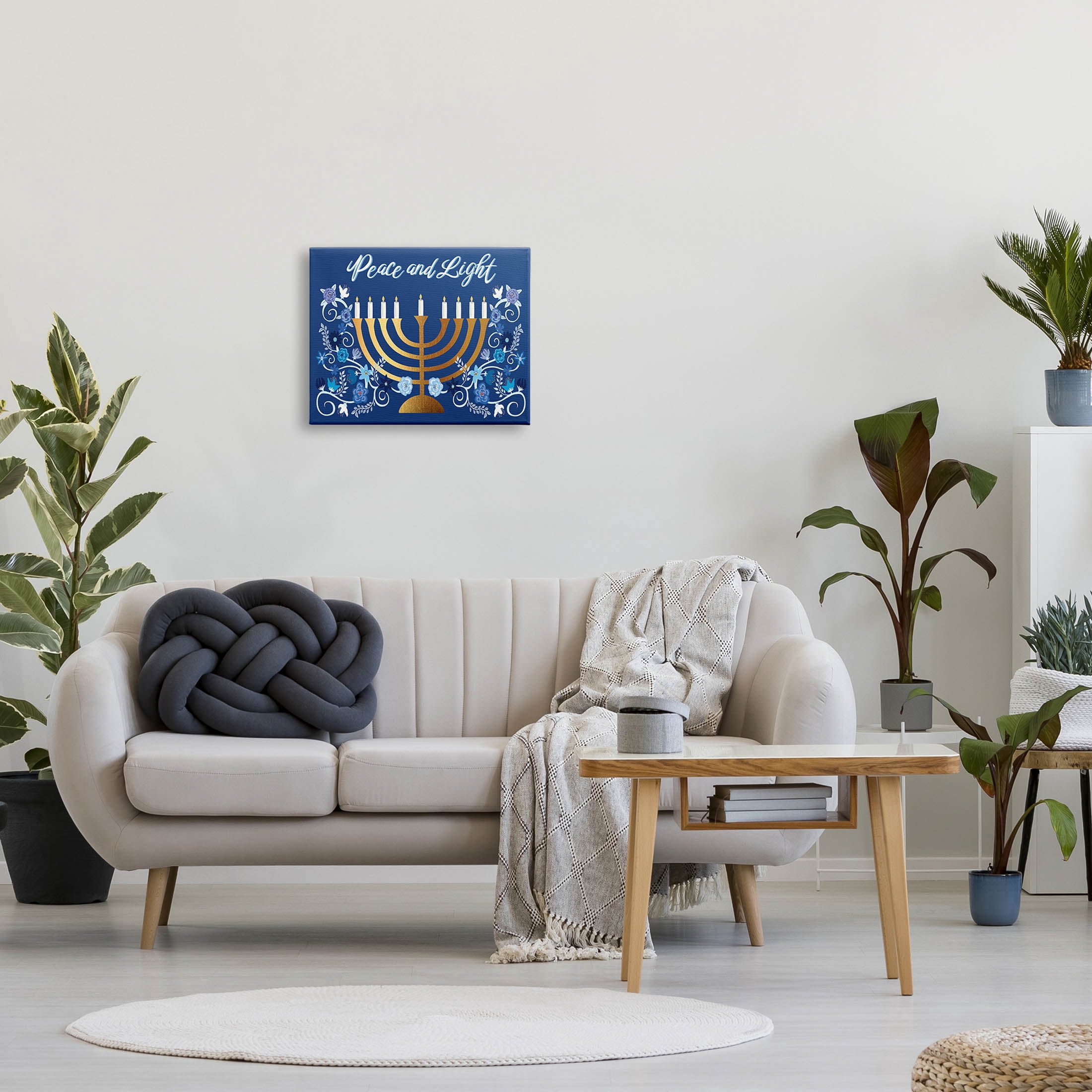 Peace & Light Floral Hanukkah Menorah Holiday Graphic Art Gallery Wrapped Canvas Print Wall Art