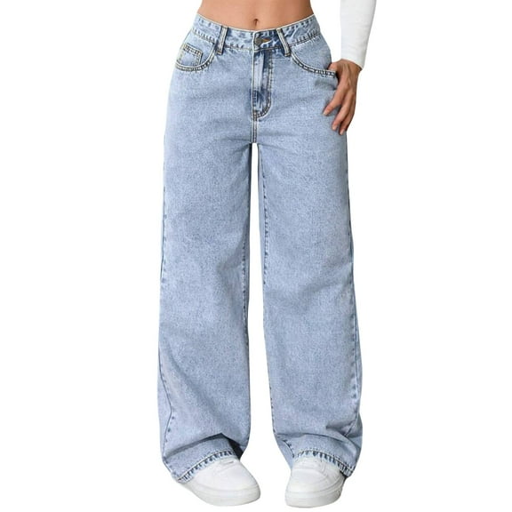 Lodgix 2025 Fall Trendy Queen Jeans for Women Wide Straight Leg High Waisted Stretchy Baggy Jeans Fashion Loose Denim Pants Sky Blue L