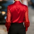 thumbnail image 3 of MORTTIC Women's Elegant Satin Blouse - Classic Lapel Collar Sheer Long Sleeves Button-Down Shirt for Office Red，S, 3 of 4