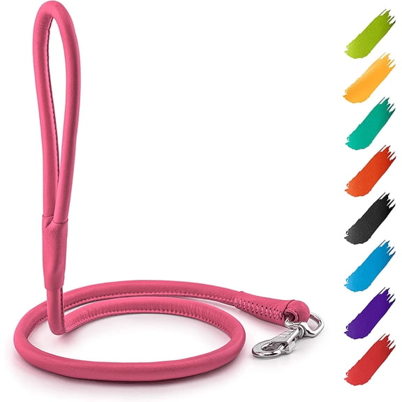 Glamour Rolled Leather Dog Leash for Small Medium and Large Dogs | Heavy Duty Strong Leather Puppy Leash for Outdoor Walking Running Training | Strong Dog Leashes for Large Breed Dogs - Pink