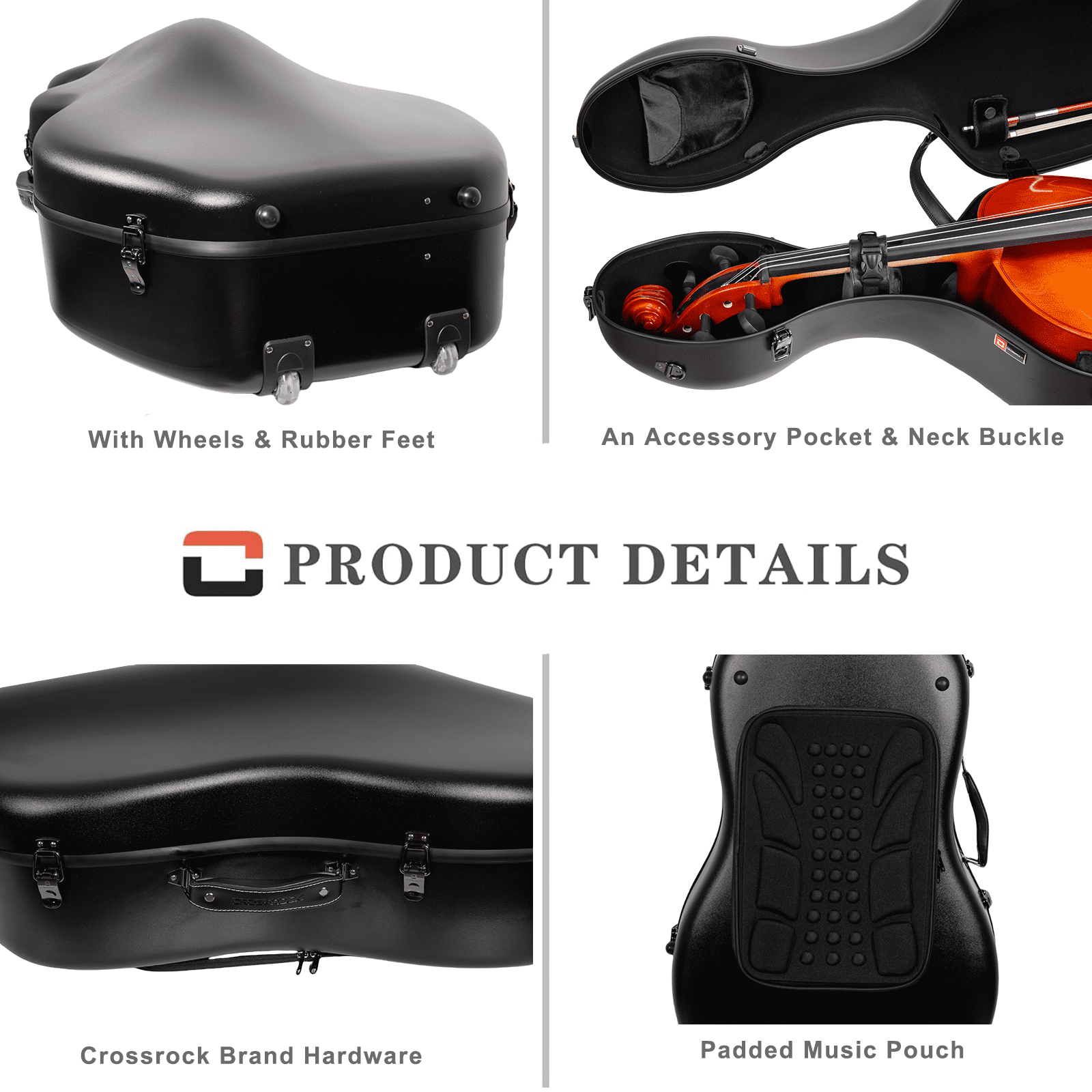 Crossrock Poly Carbon Case with Wheels fits 4/4 Full Size Cello, Includes Outside Music Pouch, 3 Handles, Detachable Straps-Black