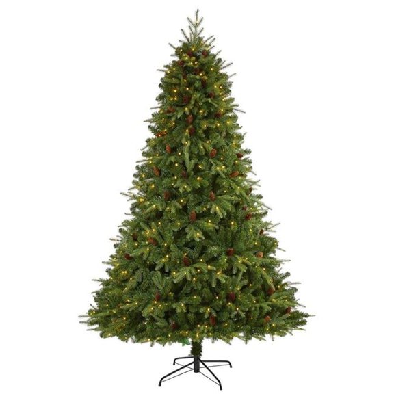 8 ft. Wellington Spruce Natural Look Artificial Christmas Tree with 550 LED Lights & Pine Cones Clear