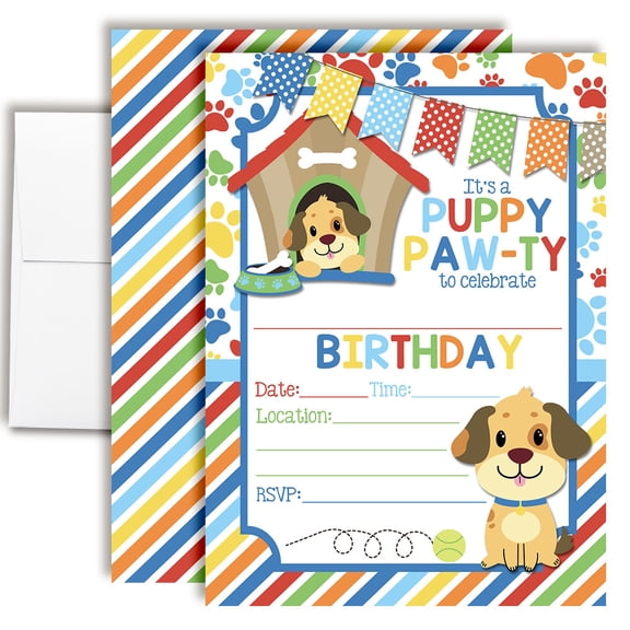 Puppy Dog House Birthday Invitations for Kids, 20 Fill-In Cards with Envelopes, 5x7 Children's Birthday Party Invitations, Birthday Party Supplies, Made in USA by Amanda Creation