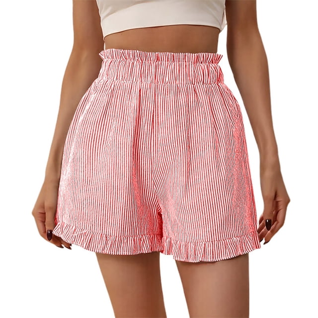 Pantalones Cortos de Cintura Elástica de las Mujeres de Cintura Alta Raya Suelta Pantalones Cortos, Moda Casual Pantalones de Poliéster para el Hogar Y el Uso Diario, las Mujeres de Lavado de Manos