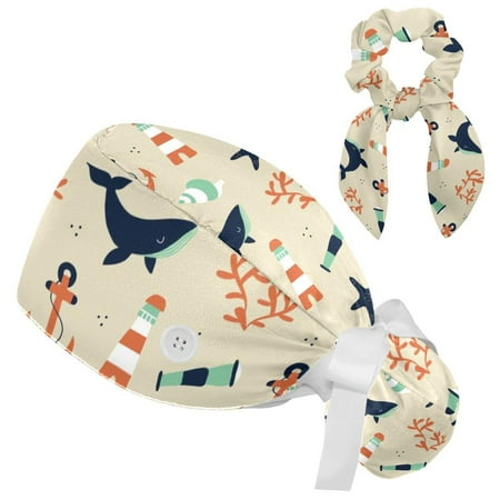 

Working Cap with Buttons and Sweatband Scrub Hat Bouffant Caps with Scrunchie Whale Tie Back Hats