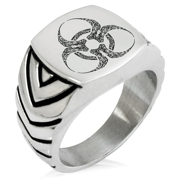 Stainless Steel Tribal Biohazard Chevron Pattern Biker Style Polished Ring