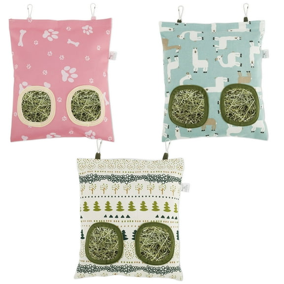 3Pcs Rabbit Hay Feeder Bag,Guinea Pig Hay Feeder for Cage Small Animal Hanging Feeding Bags Rabbit Hay Dispenser Storage for Rabbits Guinea Pigs Bunnies Chinchillas (2 Hole)