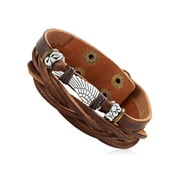 Men's Brown Leather Wing Charm Double Strand Cuff Bracelet (22mm) - 8"