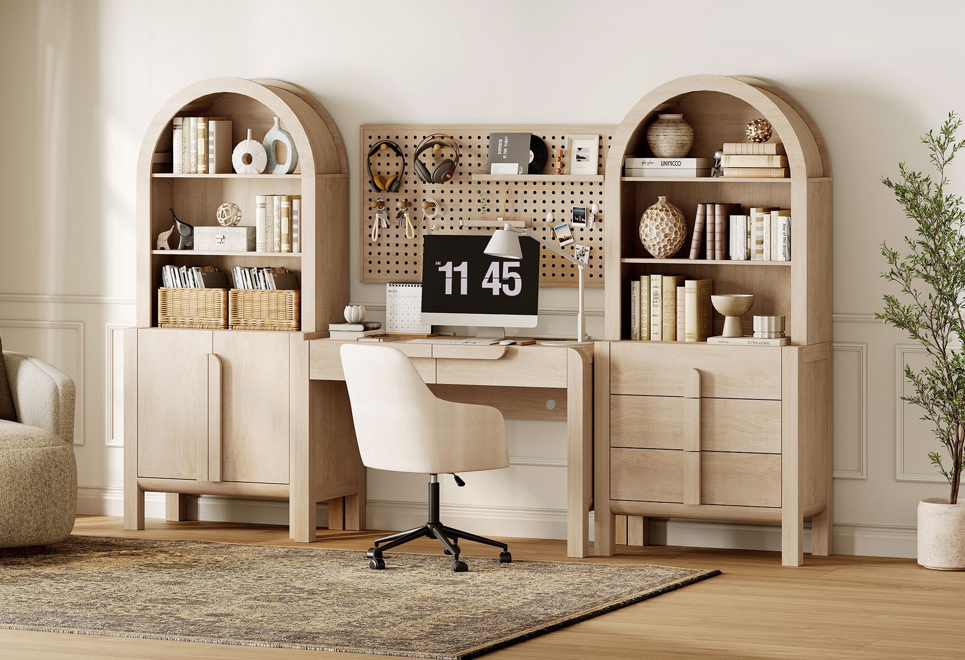 Modern Home Office Set, 47" Modern Executive Desk with Charging Station and Drawers & 2 Piece 71"H Tall 8-Tier Arched Bookcases with Cabinet for Living Room, Bedroom, Home Office