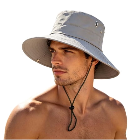 FAWUUDO Unisex Sun Hats UV Protection Wide Brim Bucket Hat Vintage Western Breathable Adjustable Rope Hat for Outdoor Hiking Gray