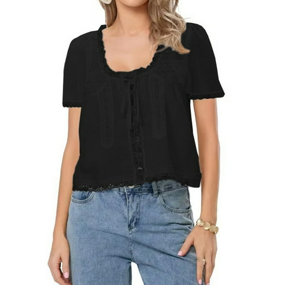 Women Tie Front Lace Trim Top Sheer Short Sleeve Scoop Neck Button Shirt Y2k Ruffle Flowy Boho Crop Tops Black L
