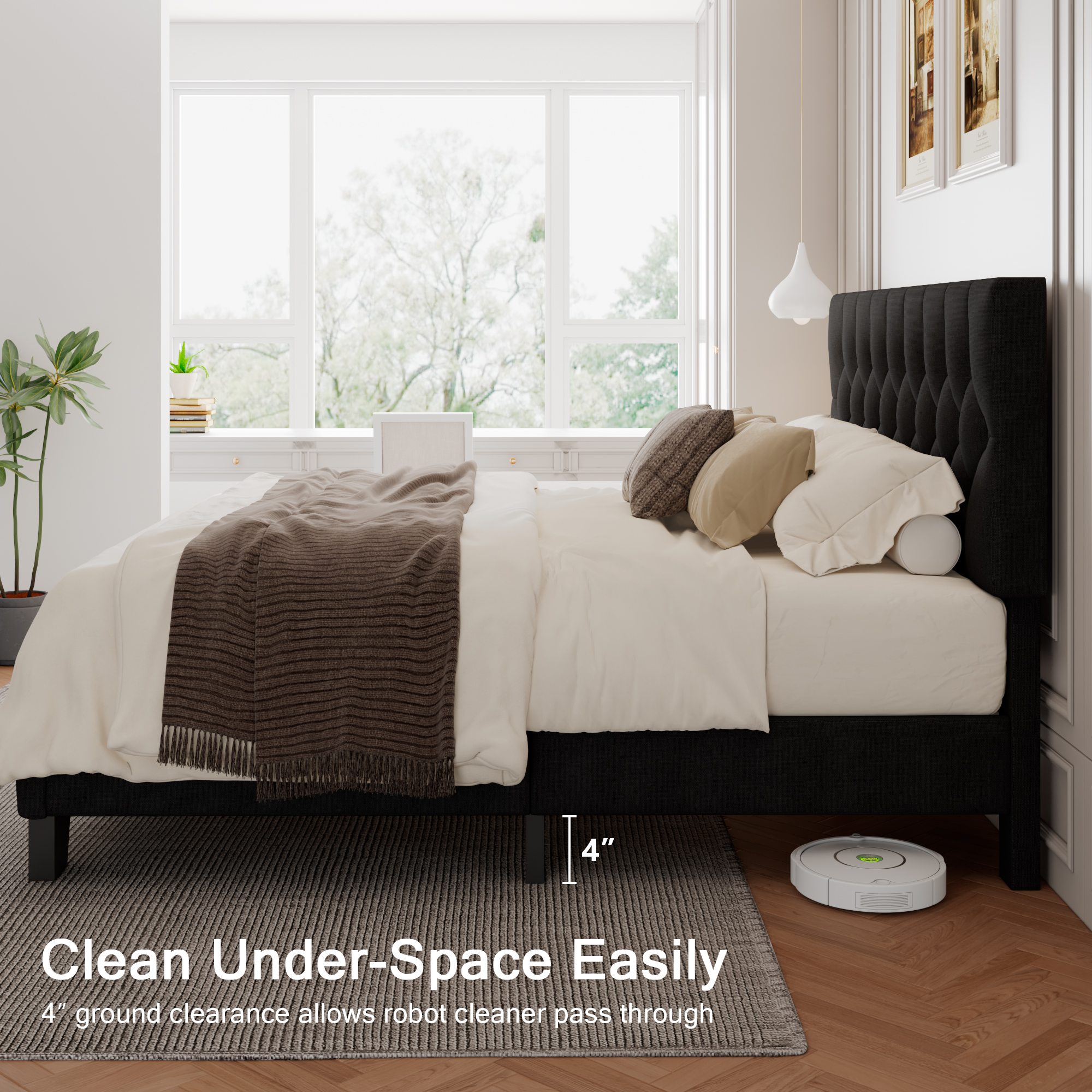 Virans Linen King Size Platform Bed Frame with Tufted Button Headboard,Upholstered Bed with Wood Slat Support,No Box Spring,Noise Free,Easy Assembly,Black