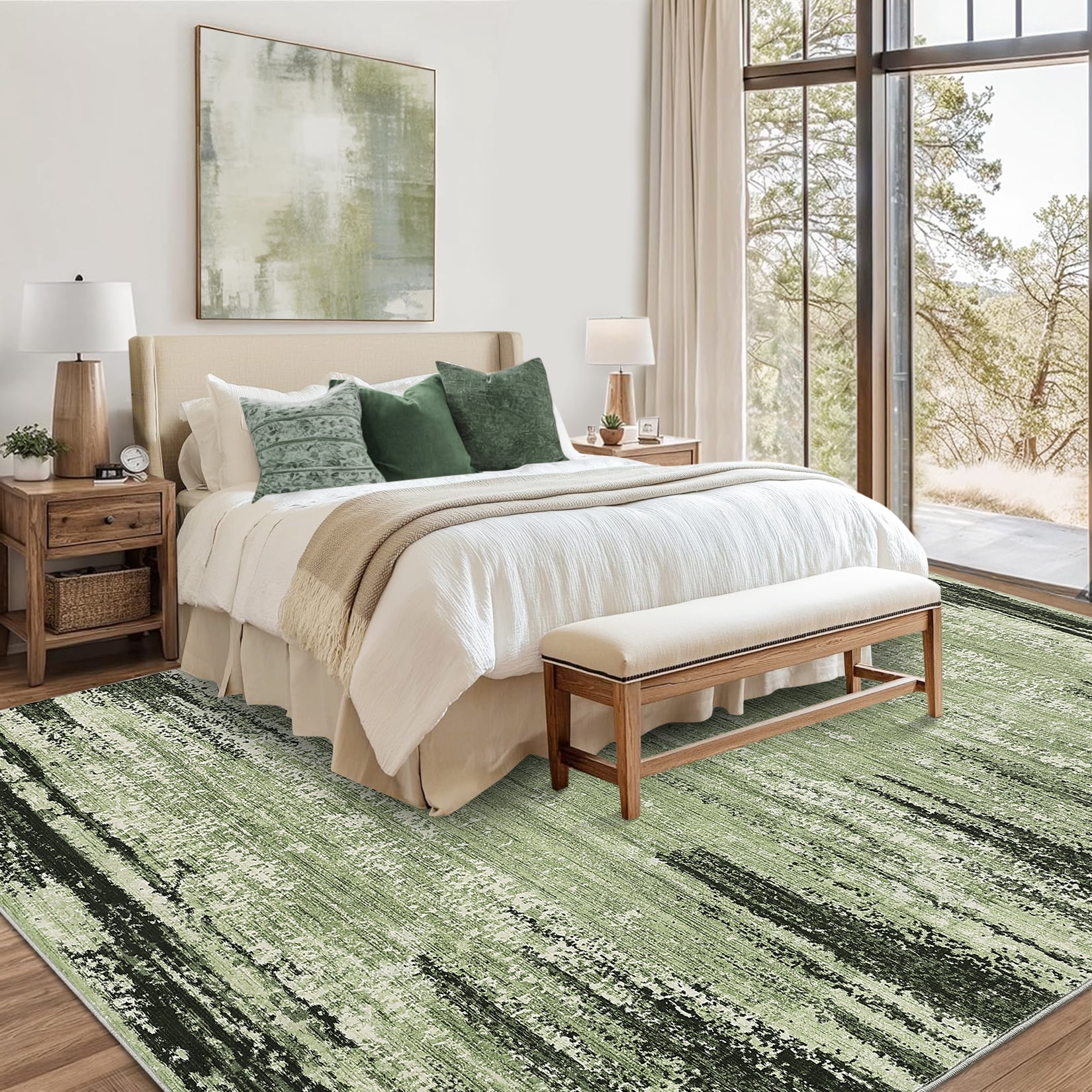 Hasoo 5' x 7' Area Rug for Living Room Border Modern Rug Non Slip Abstract Bedroom Carpet, Green