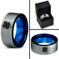 thumbnail image 4 of Tungsten Lucky Charm Four Leaf Clover Band Ring 8mm Men Women Comfort Fit Blue Flat Cut Brushed Gray Polished, 4 of 4