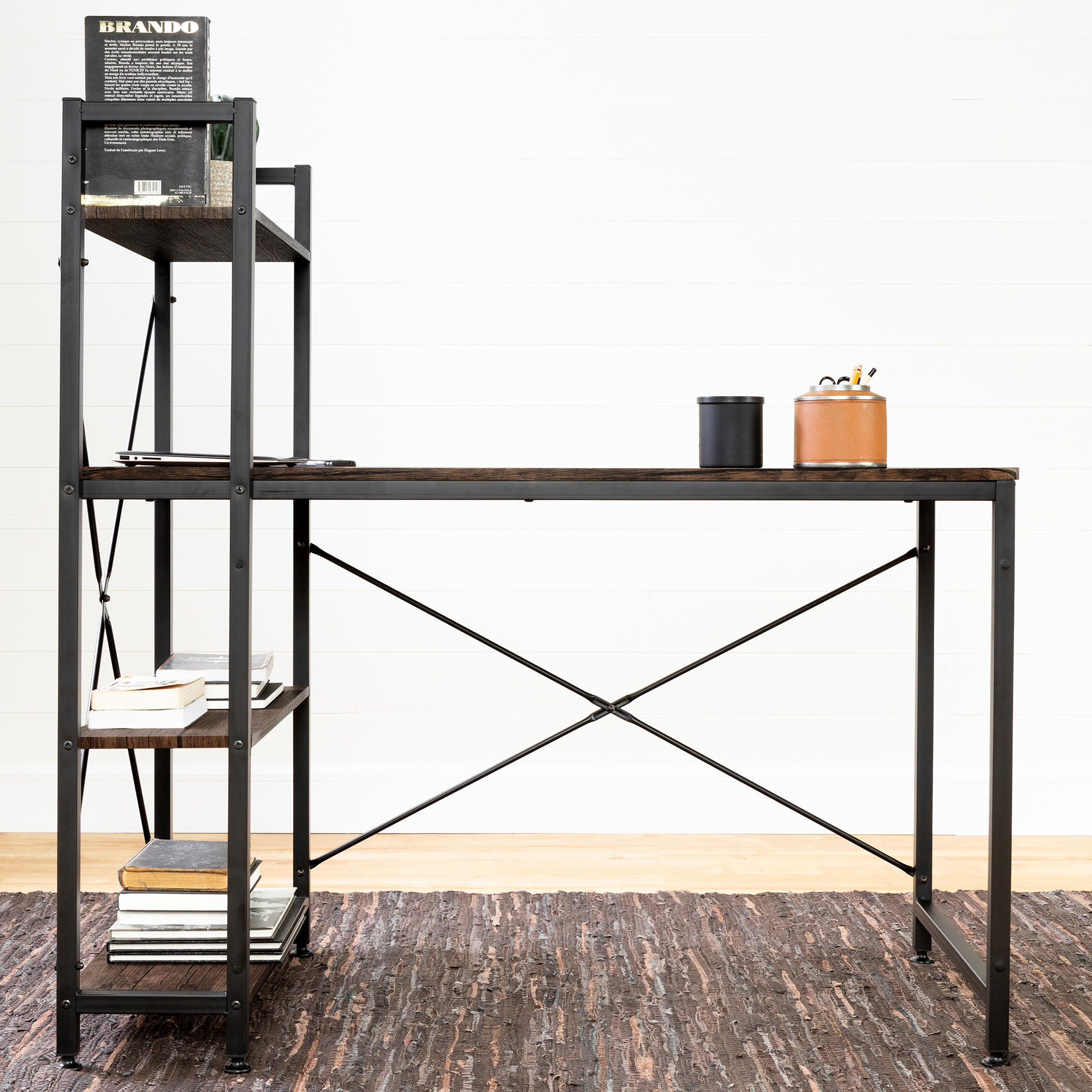 south shore evane industrial desk with bookcase