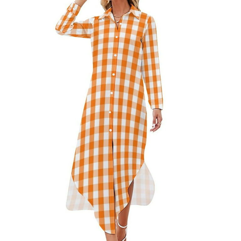 Classic Pumpkin Orange and White Gingham Check Pattern Long Sleeved Shirt  Dress purple dress party dresses women