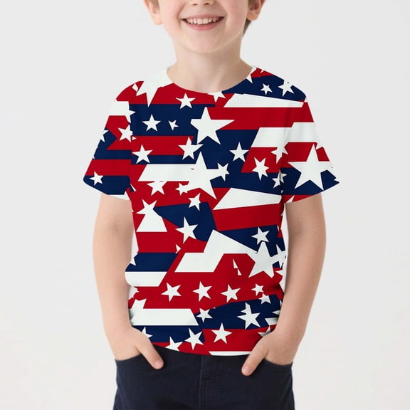 Amidoa Boys 4th of July T Shirts- Crewneck Casual Soft Short Sleeve Kids Patriotic Clothes Multicolor Size 5