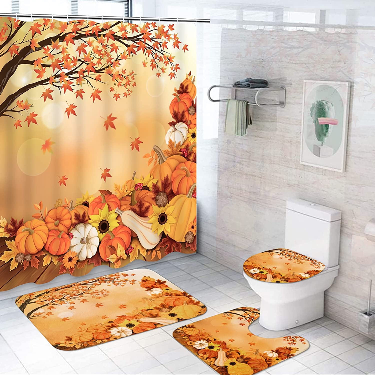 FRAMICS Thanksgiving Shower Curtain Set with Rugs, Fall Pumpkin Pattern ...