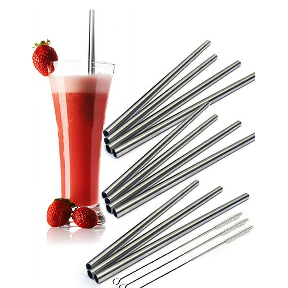 12 Stainless Steel Wide Drink Straws - CocoStraw Large Straight Frozen Smoothie Straw - 12 Pack 3 Cleaning Brushes