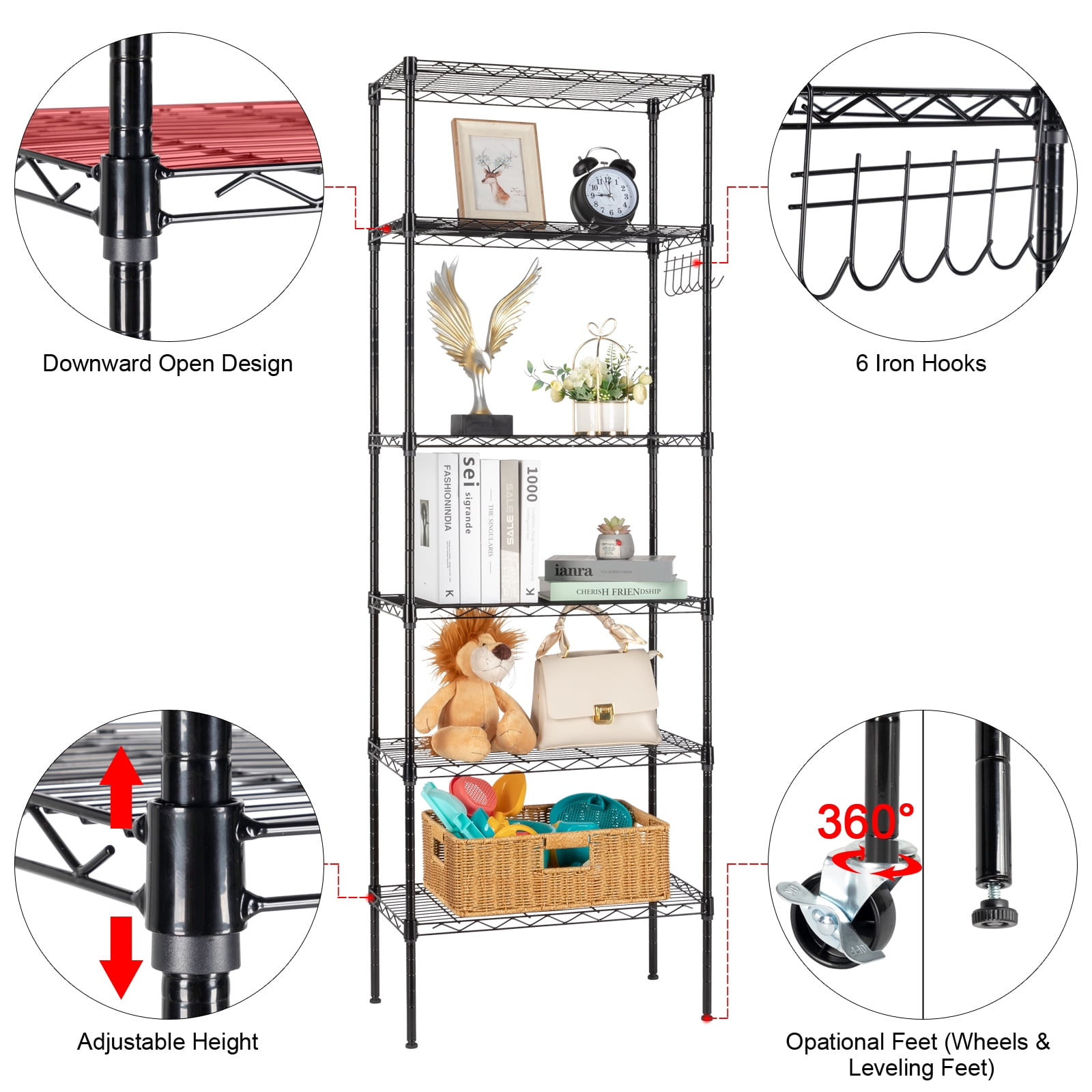 Ktaxon 6 Tier Wire Shelves, Adjustable Steel Storage Rack Organizer for Kitchen Garage Bathroom, 21.6"W x 11.8"D x 65"H, Black