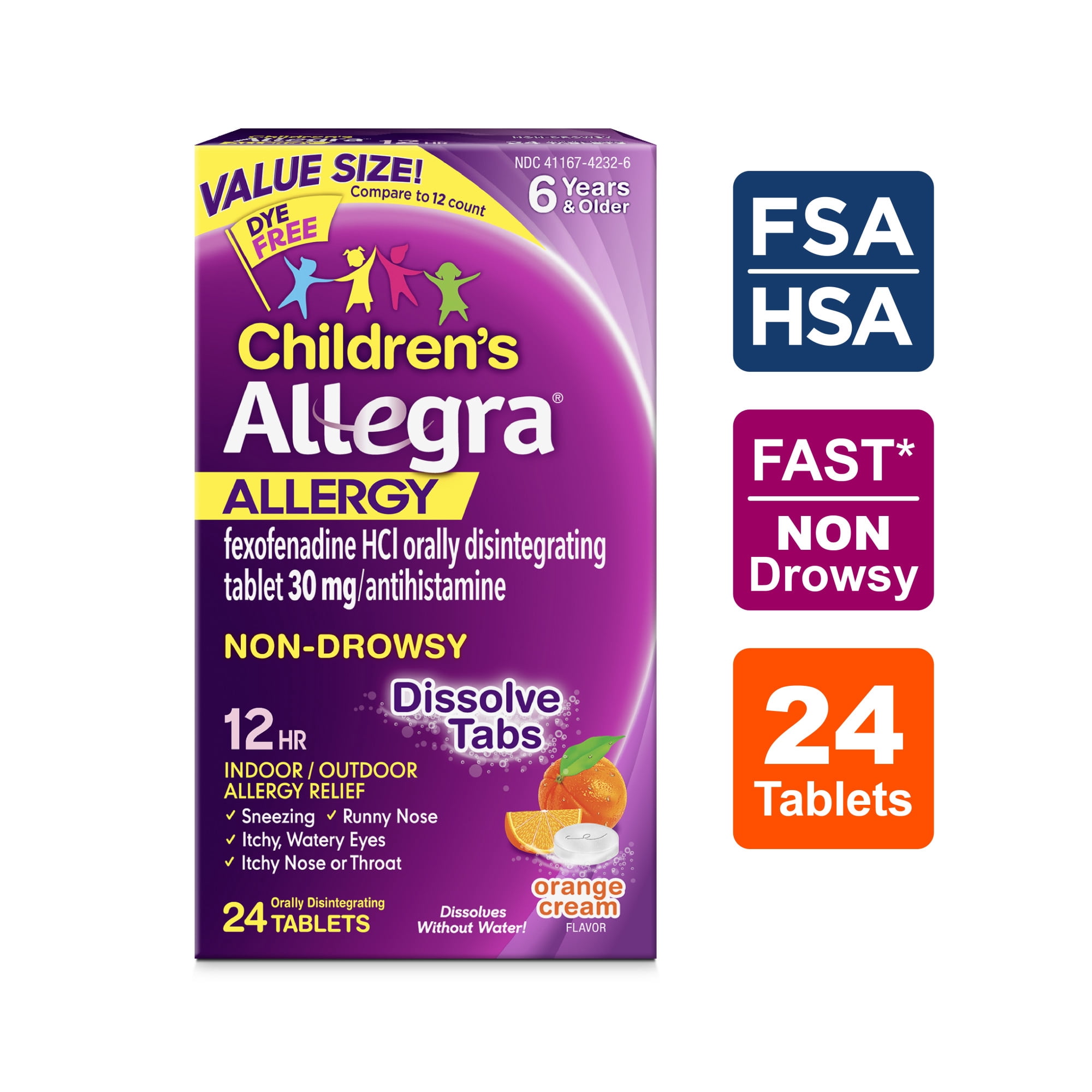(4 pack) Allegra Children's 12-Hour Allergy Relief Orally Dissolving Tablets, Non-Drowsy Indoor and Outdoor Allergy Medicine, 30 mg Fexofenadine HCI Antihistamine For Kids, Orange Cream Flavor, 24-Count