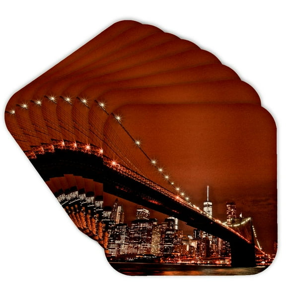 3drose, New York Scene of the Brooklyn Bridge and Manhattan Skyline at Night, Set of 8 Coasters - Cork