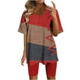 thumbnail image 2 of Wyobmus Women 2 Piece Short Outfits Set Color Blocked Half Sleeve V Neck T Shirt Biker Shorts Loose Fit Workout Tracksuit B-Red, 2 of 6