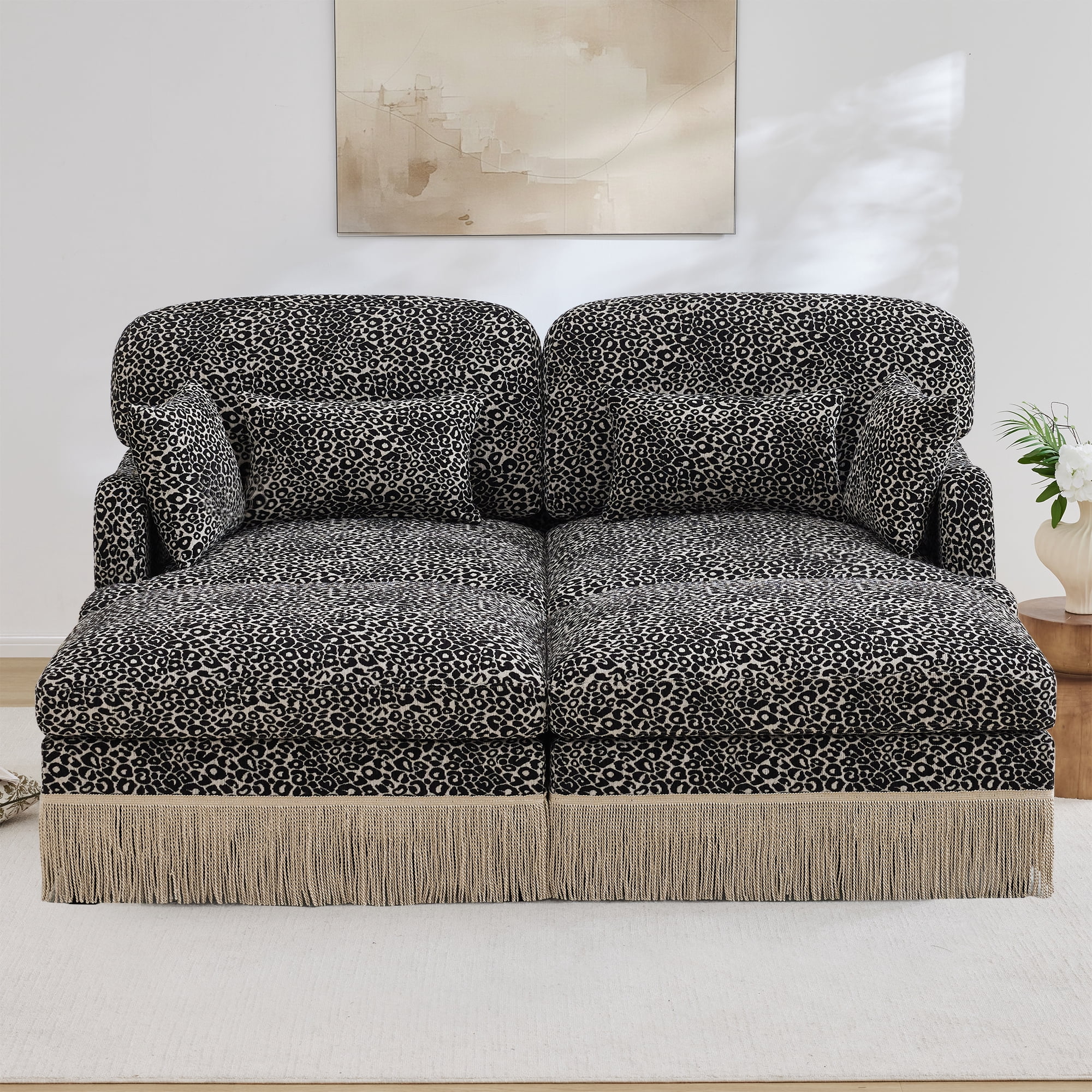 69" Chenille Leopard Tassel Deep Seat Loveseat Sofa Couch with 2 Ottoman and 4 Throw Pillows