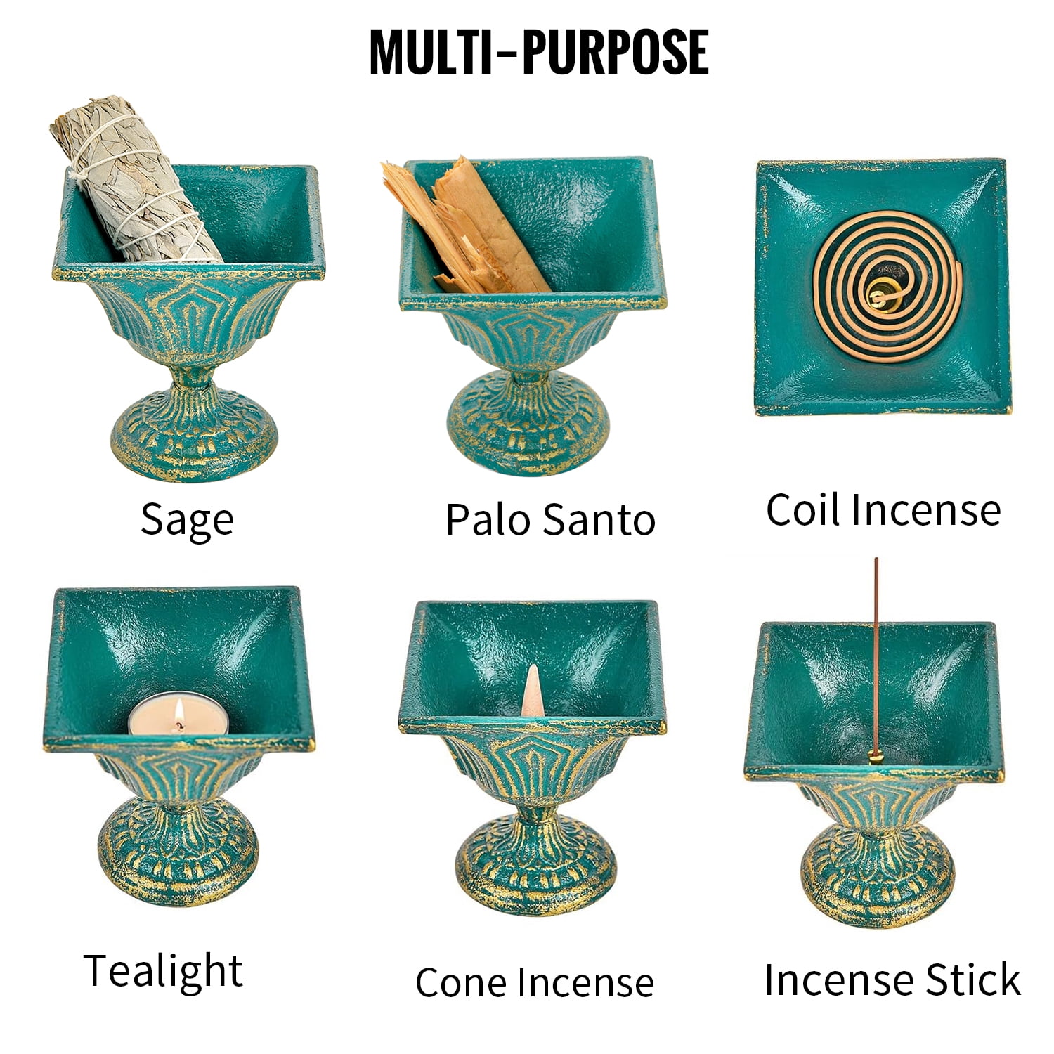 Sungmor Multi-Purpose Cast Iron Incense Holder, Incense Stick Burner Ash Catcher, Decorative Vintage Heavy-Duty Holder for Burning Incense Stick & Cone, Bakhoor, Sage Cones, Beautiful Incense Burner