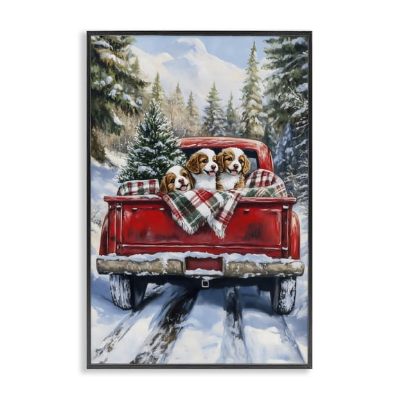 Christmas Truck Pups Trio Black Framed Giclee Art, design by Petal Prints Design