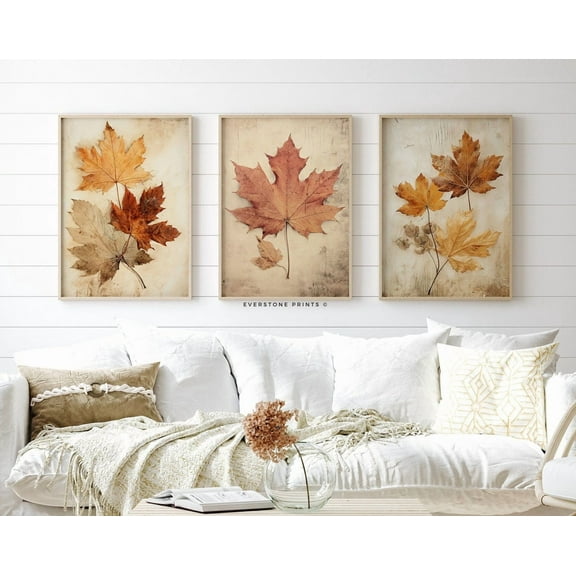 Luvia Rustic Leaves Prints Set Of 3, Still Life Poster, Vintage Autumn Print, Autumn Decor Thanksgiving , Modern Wall Decor Set 3 Prints 8x12 UNFRAMED