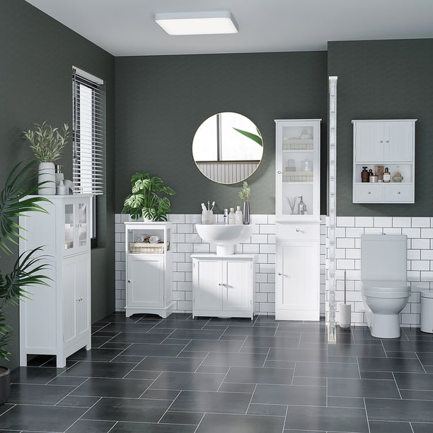 HOMCOM Meuble Salle De Bain Sous Lavabo - Placard 2 Portes 60x30x63cm Blanc Avec Étagère Réglable HOMCOM Meuble Salle De Bain Sous Lavabo - Placard 2 Portes 60x30x63cm Blanc Avec Étagère Réglable