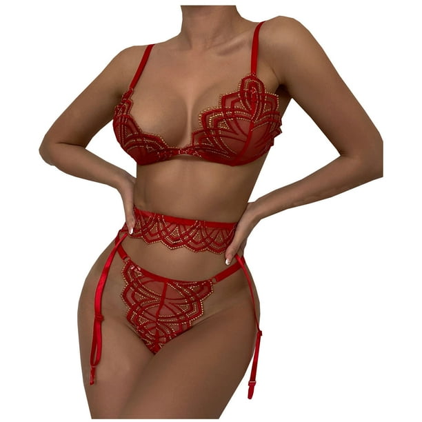 Bikini de traje de tres piezas con liga de encaje rojo de lencería sexy para mujer Fridja nalpqowj15504