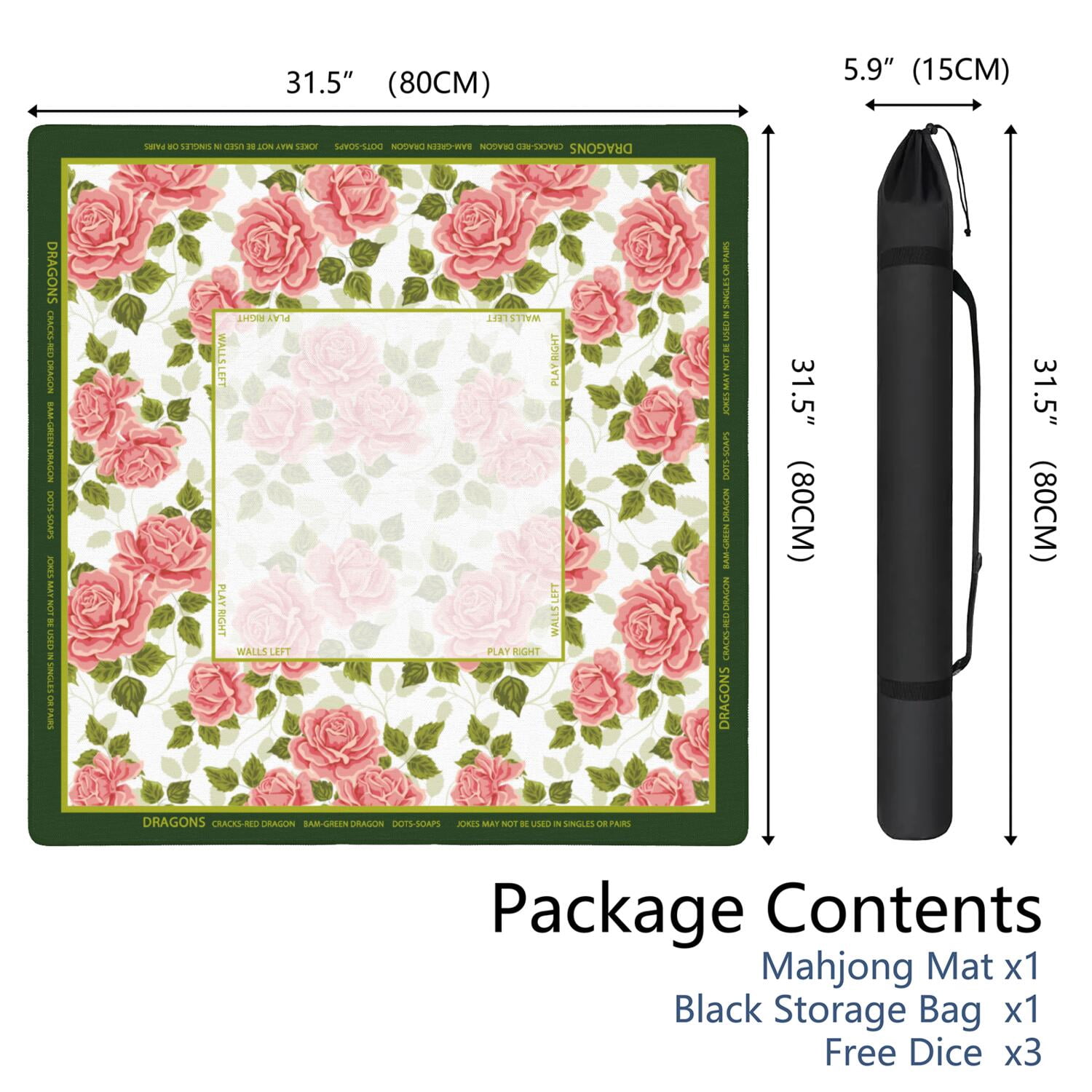 Elegant Mahjong Mat with Rules, 31.5*31.5in Anti Slip American Mahjong Mat for Table, Noise Reduction, Neoprene Mah jongg Mats with Carrying Bag & 3 Dices, Mahjong Set Gift, Board Tile Games Mats