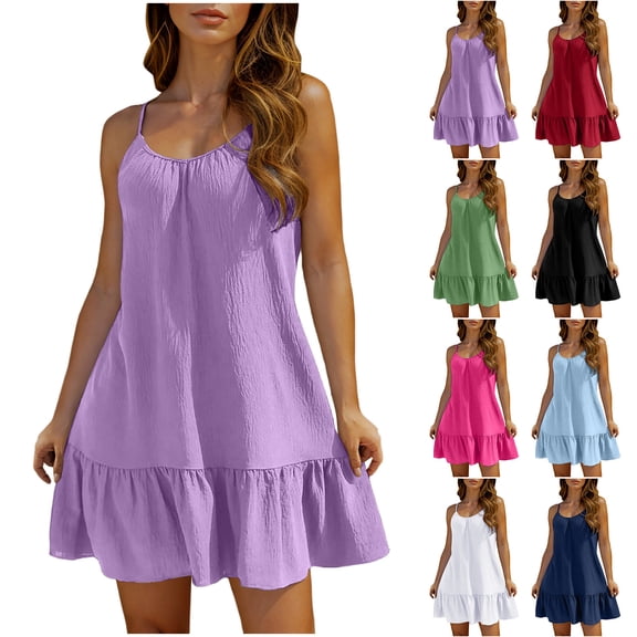 Hrsba Womens Summer Short Sleeve Dress,Plus Size Casual Dress for Womens,Ladies' Summer Solid Color Dress With Adjustable Suspender Beach Skirt