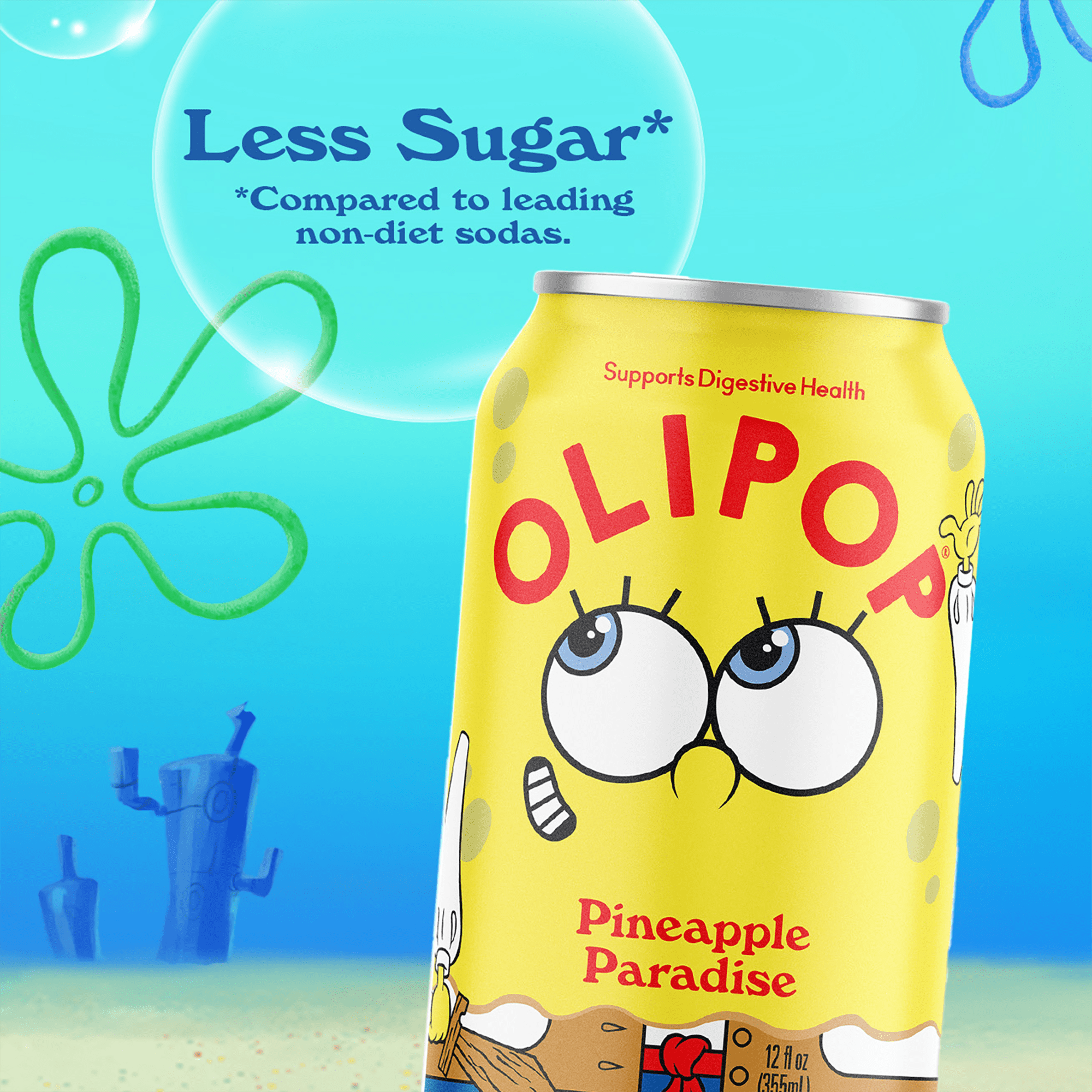 OLIPOP Prebiotic Soda, SpongeBob Pineapple Paradise, 12 fl oz, 4 pack, Pantry Pack