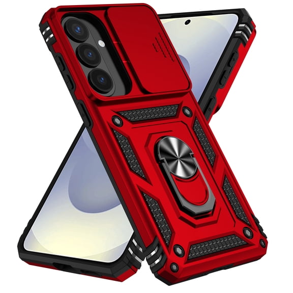 Kryonix for Samsung Galaxy S25 Plus 6.7” case,with Slide Camera Protector,Military Grade Heavy Duty Protection Cover,360 Metal Rotating Ring Kickstand Holder,Armor Shockproof Case,Red