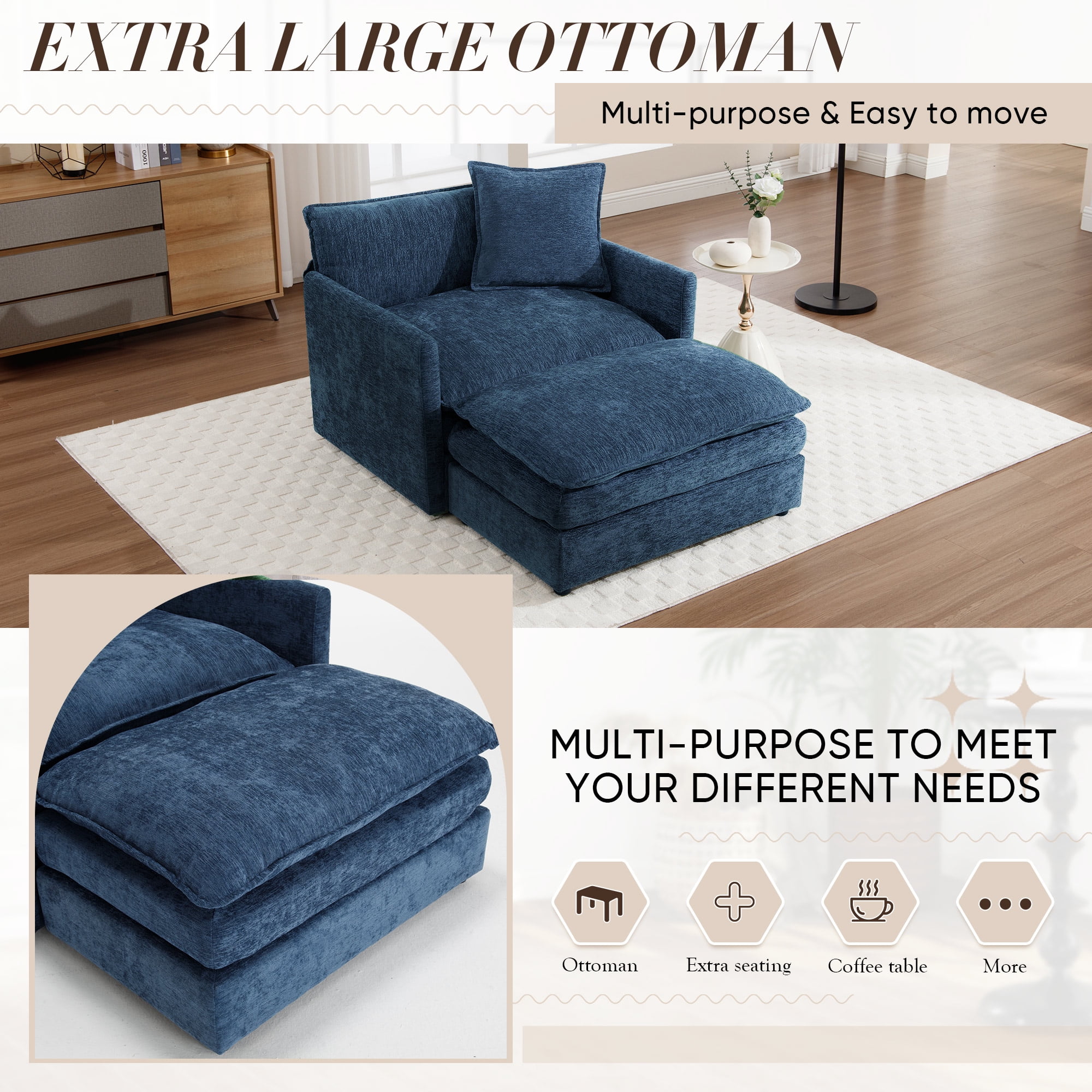 Lunale Oversized Chair with Ottoman, Reading Accent Armchairs for Living Room, Bedroom, Blue Chenille